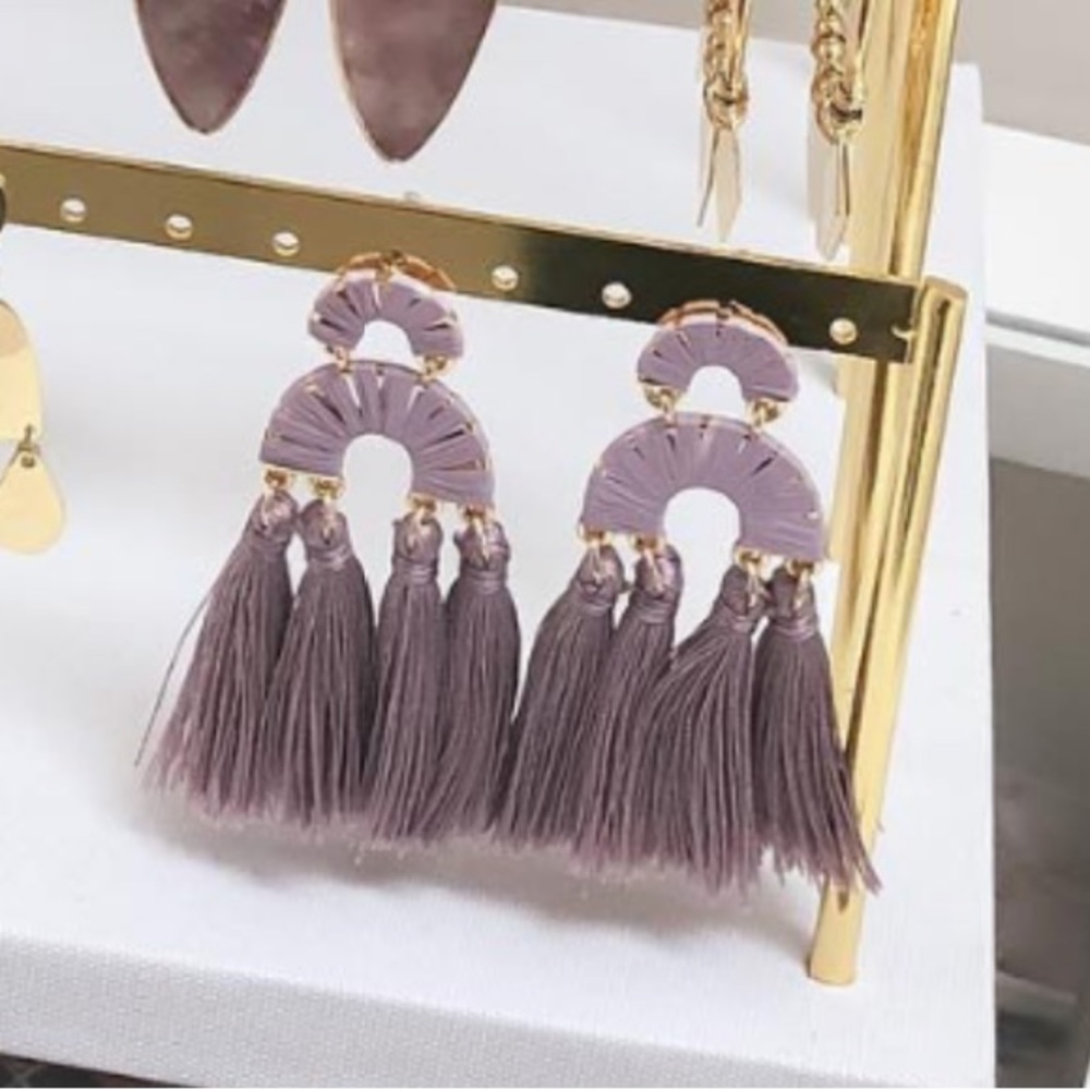 Kinsley Armel lilac tassel earrings, 2.75 Inches Length x 1.0 Inch Width.